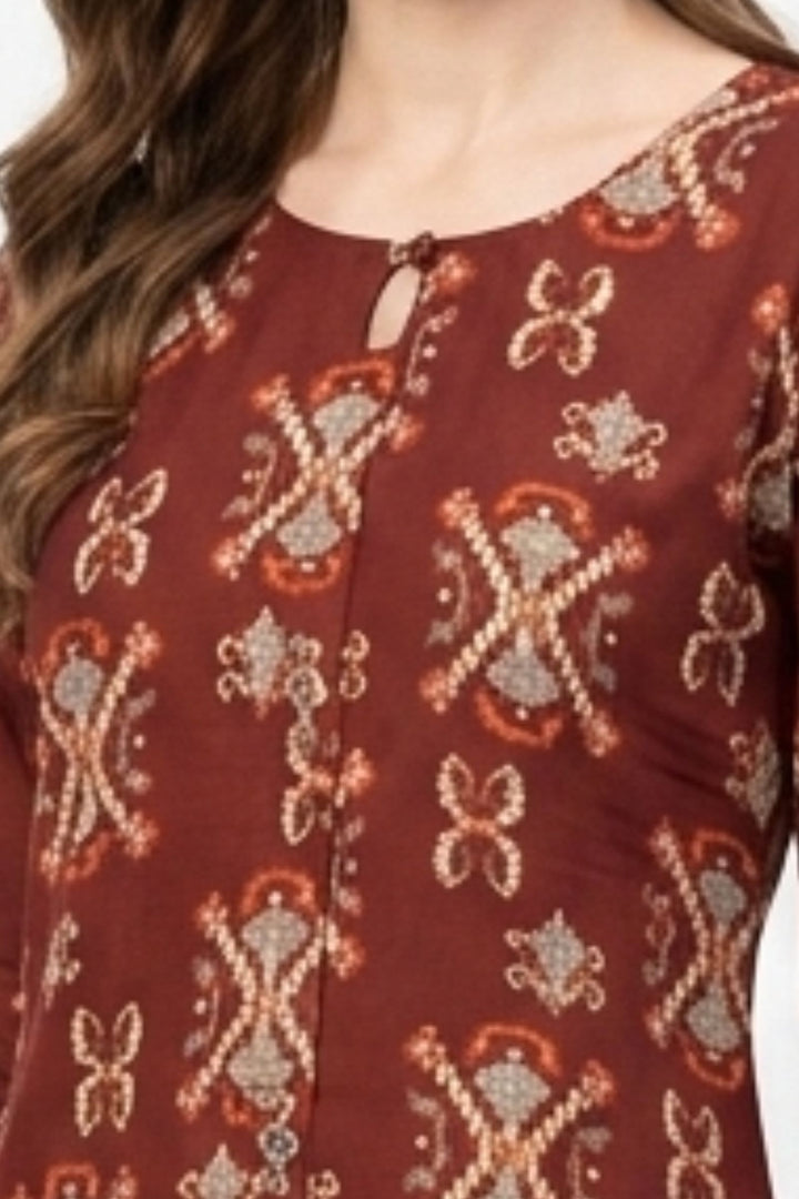 Maroon Digital Print Calf Length Kurti