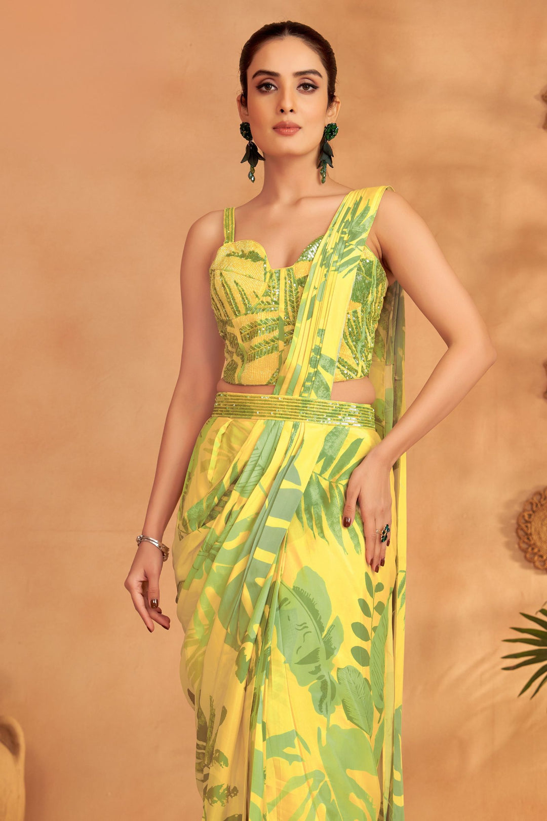 Yellow Digital Print Readymade Saree with Beads and Sequins work Readymade Blouse