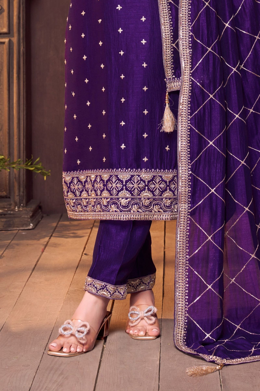 Purple Sequins, Zari and Beads work Straight Cut Salwar Suit