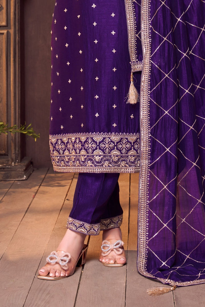 Purple Sequins, Zari and Beads work Straight Cut Salwar Suit