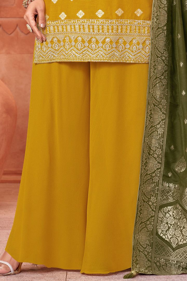 Yellow Banaras, Mirror, Zardozi, Sequins, Zari and Thread work Palazzo Salwar Suit