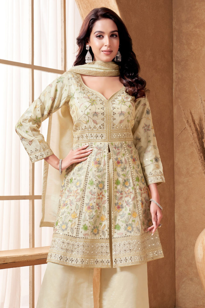 Cream Sequins, Zari and Multicolor Thread work Palazzo Salwar Suit