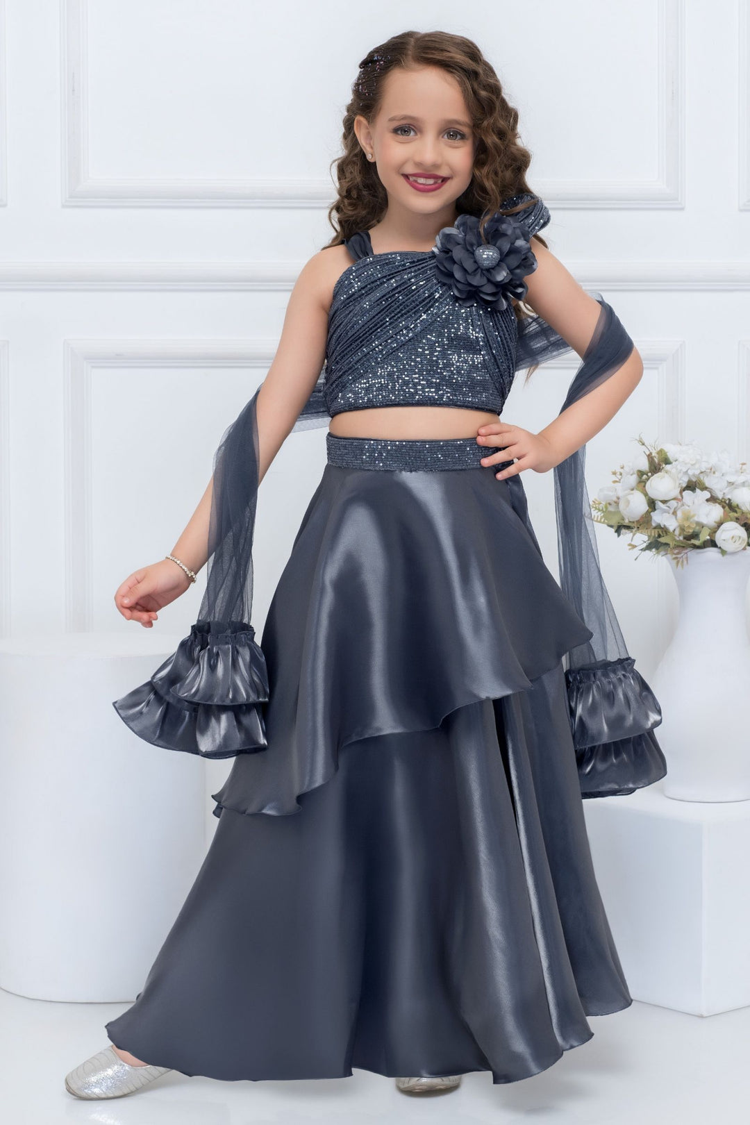 Grey Sequins Top with Floral Shoulder Detail and Layered Lehenga for Girls