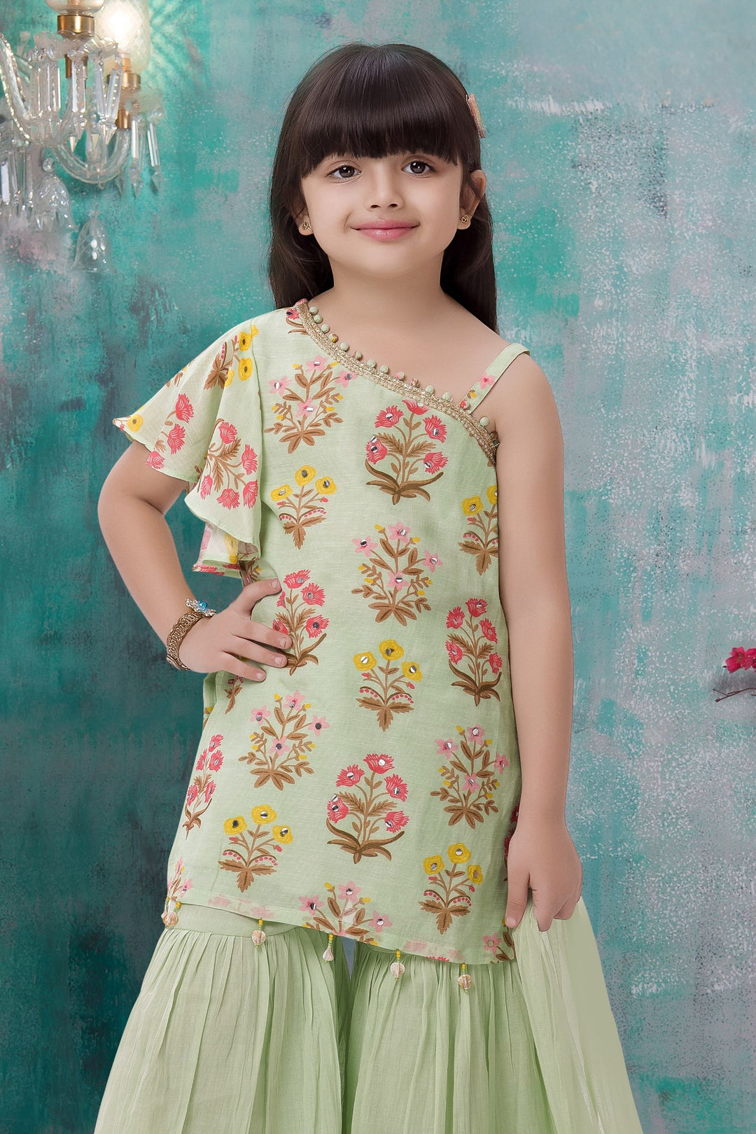 Pista Green Beads, Sequins and Zari work for Girls Sharara Suit Set