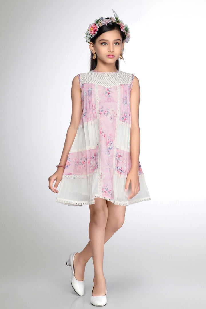 Pink with Cream Floral Print and Lace work Casual Frock for Girls