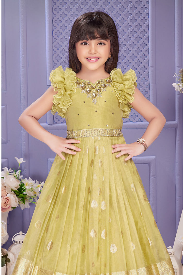 Lemon Yellow Zari, Sequins and Mirror work Long Party Gown for Girls with Belt