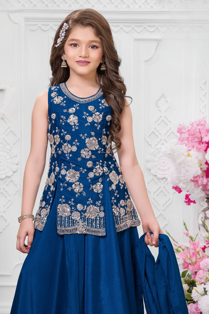 Teal Blue Sequins, Beads and Thread work Palazzo Suit Set for Girls