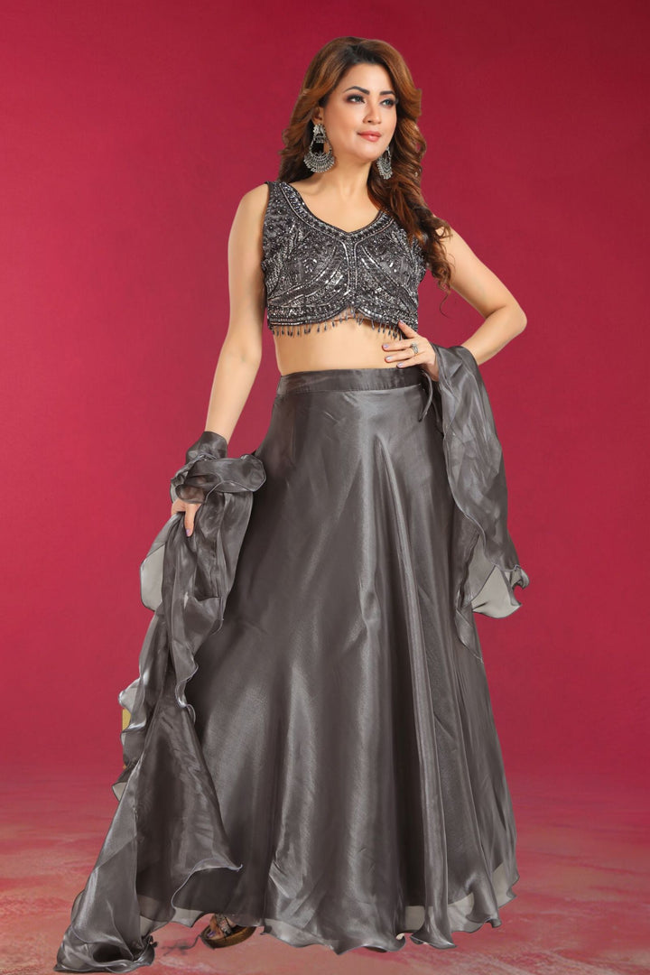 Grey Beads, Stone, Mirror, Sequins and Pearl work Crop Top Lehenga