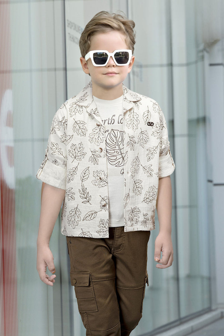 Cream Digital Print Blazer, Printed T-Shirt and Brown Pant Set for Boys