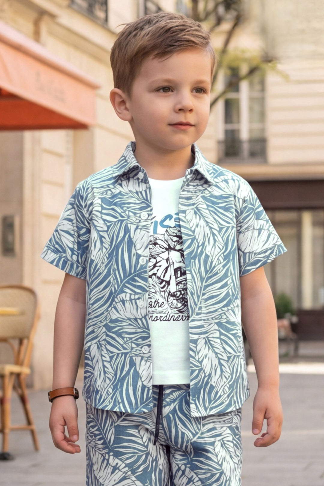 White with Blue Tropical Print Boys Co-Ord Set
