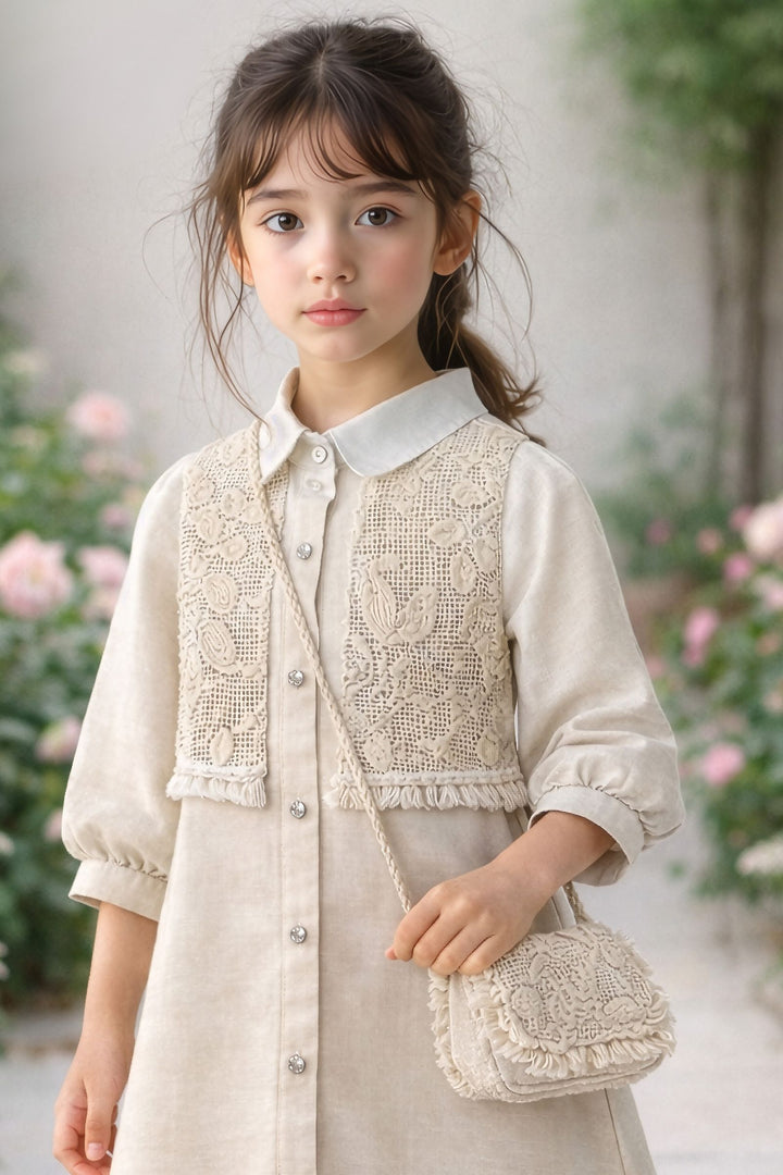 Half White Thread and Sequins work Short Frock For Girls