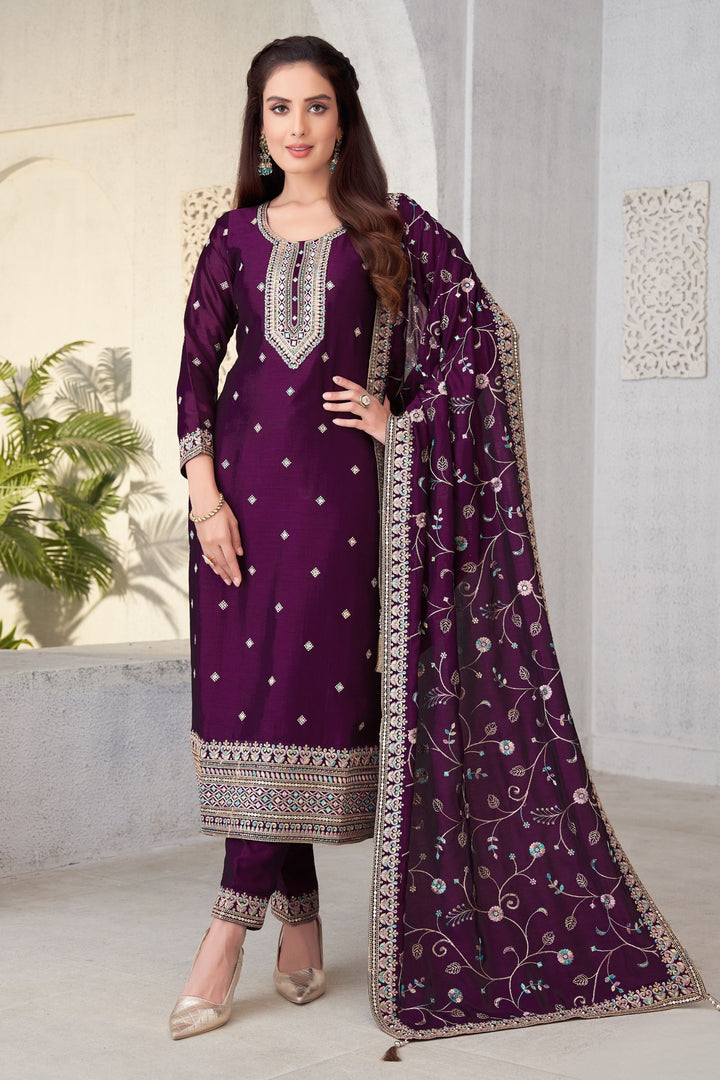 Wine Multicolor Thread, Sequins and Zari work Straight Cut Salwar Suit