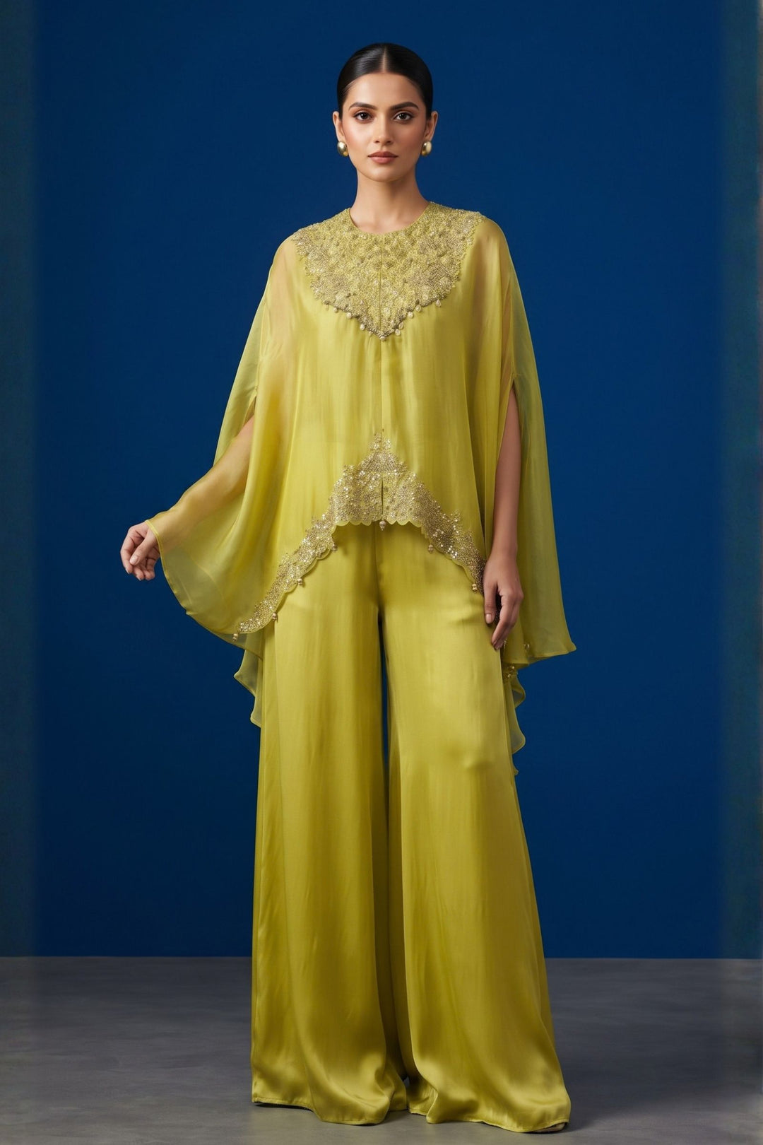 Liril Green Indo-Western Styled Beads, Zardozi, Stone and Sequins work Palazzo Set