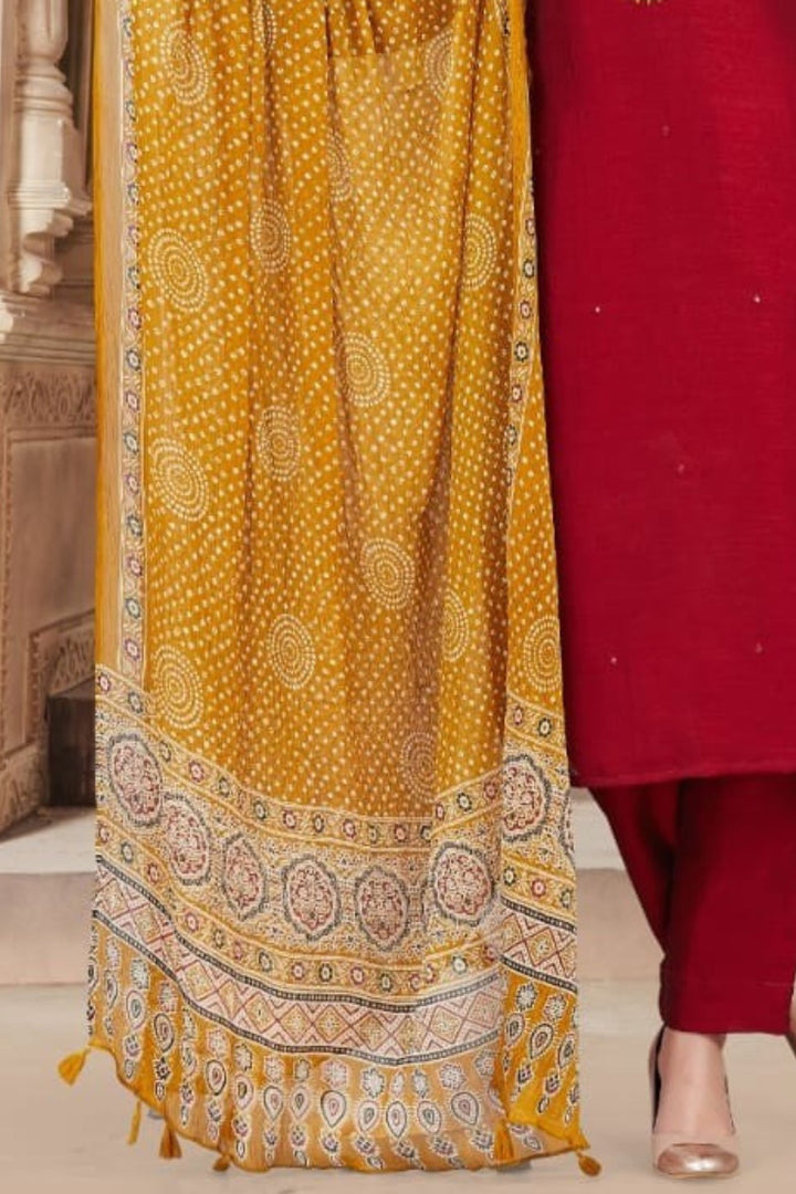 Maroon Mirror, Zari and Thread work Straight Cut Salwar Suit