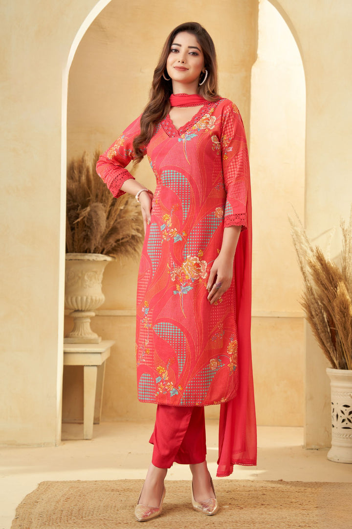 Pink Sequins work with Digital Print Straight Cut Salwar Suit