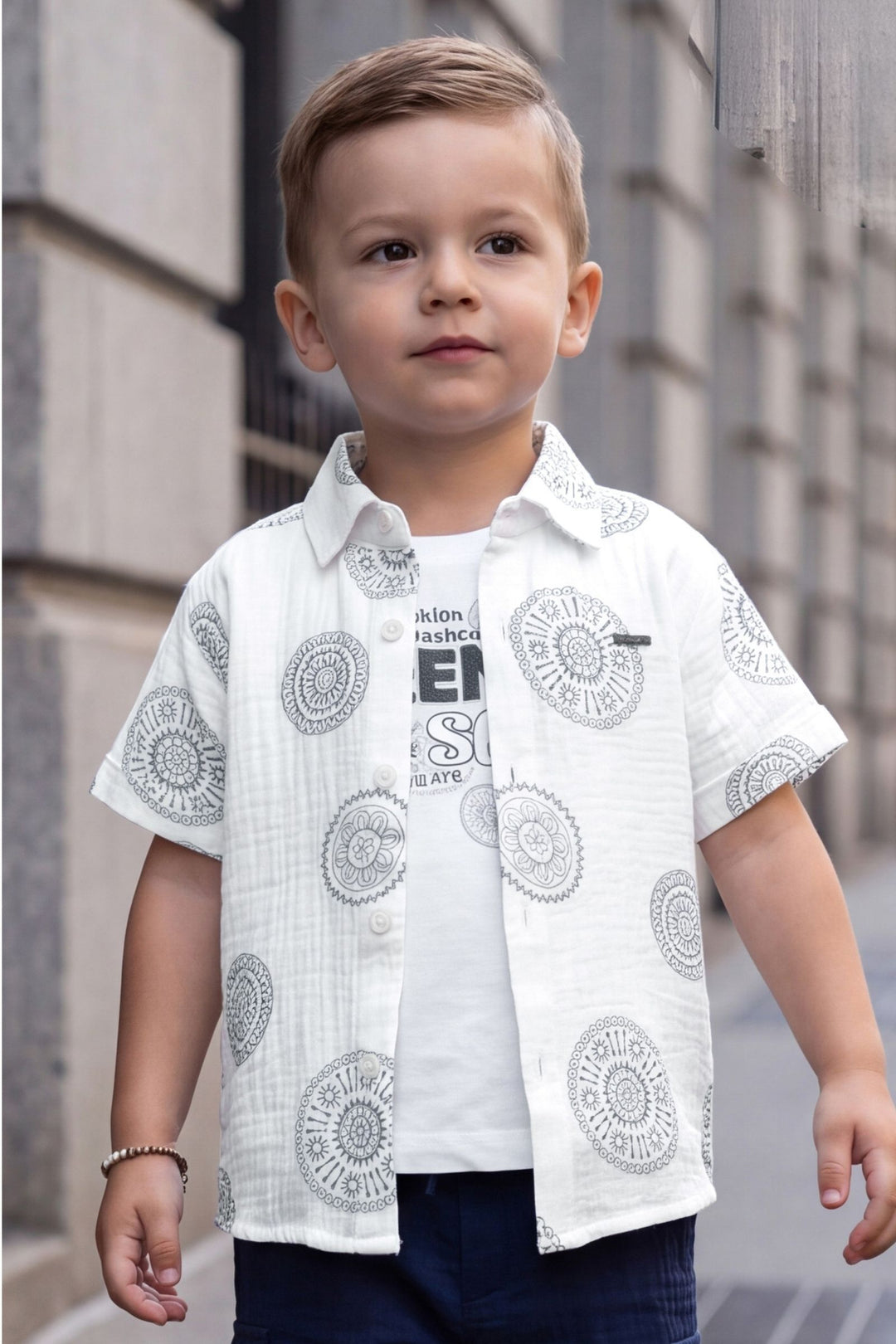 White with Navy Blue Printed Boys Co-Ord Set