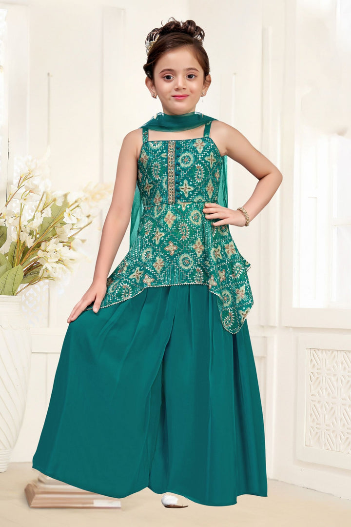 Rama Green Zari, Sequins and Stone work with Digital Print Palazzo Set For Girls