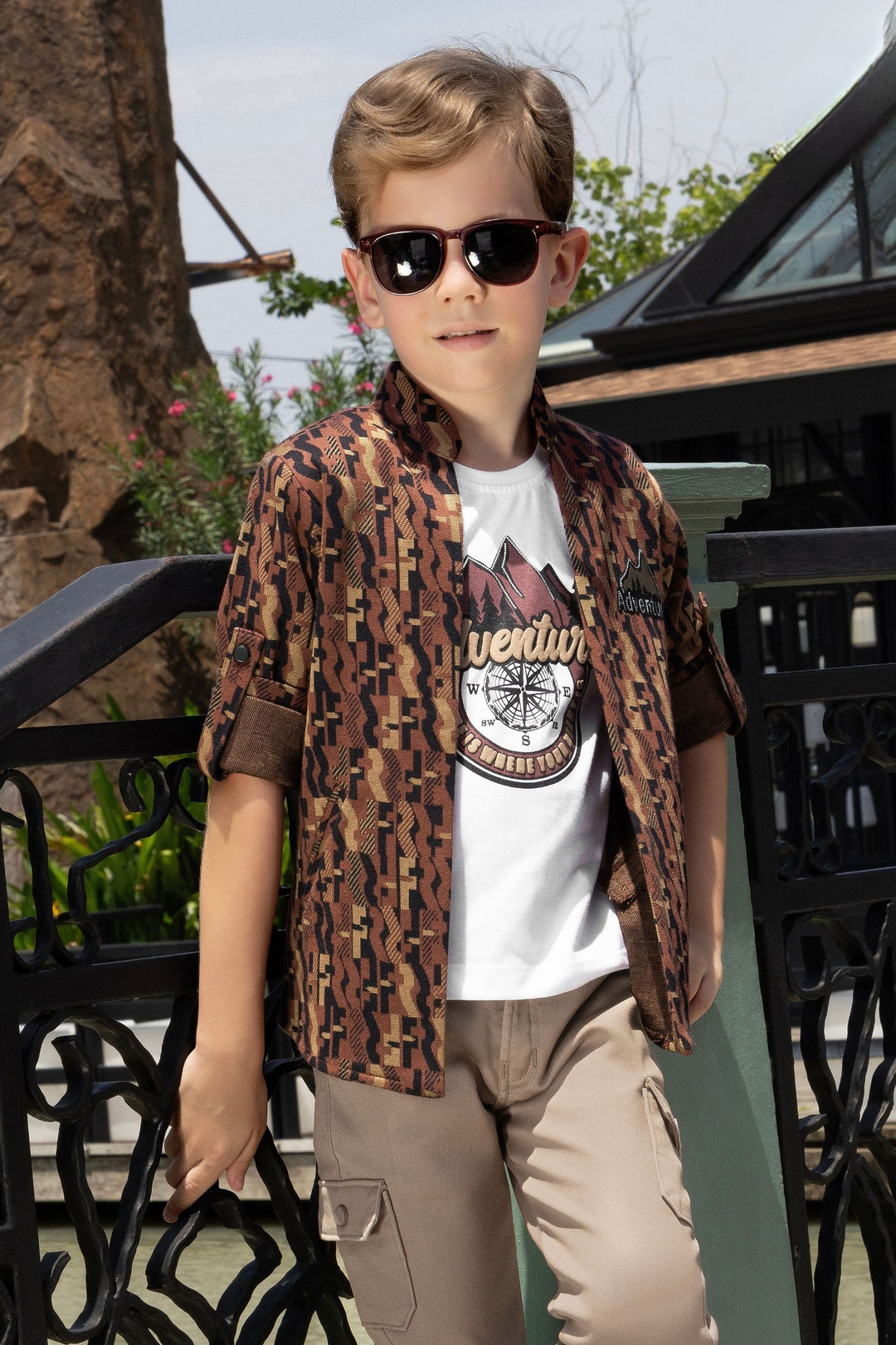 Dark Brown with Multicolor Digital Printed Blazer, T-Shirt and Beige Pant Set for Boys