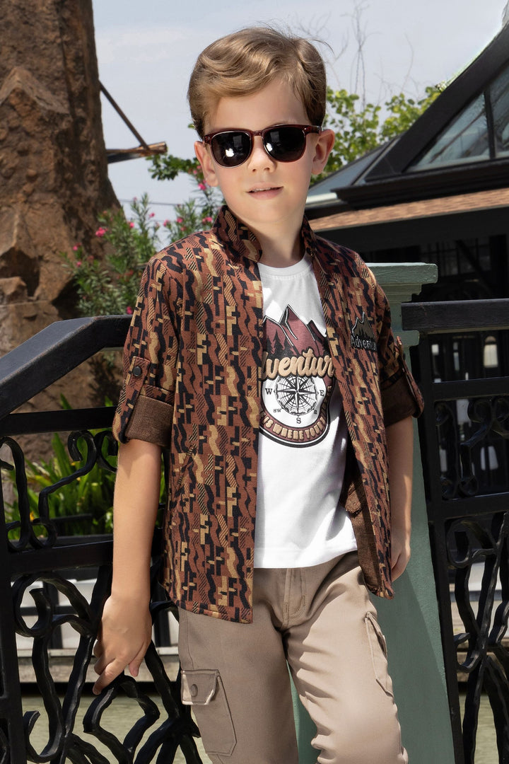 Dark Brown with Multicolor Digital Printed Blazer, T-Shirt and Beige Pant Set for Boys