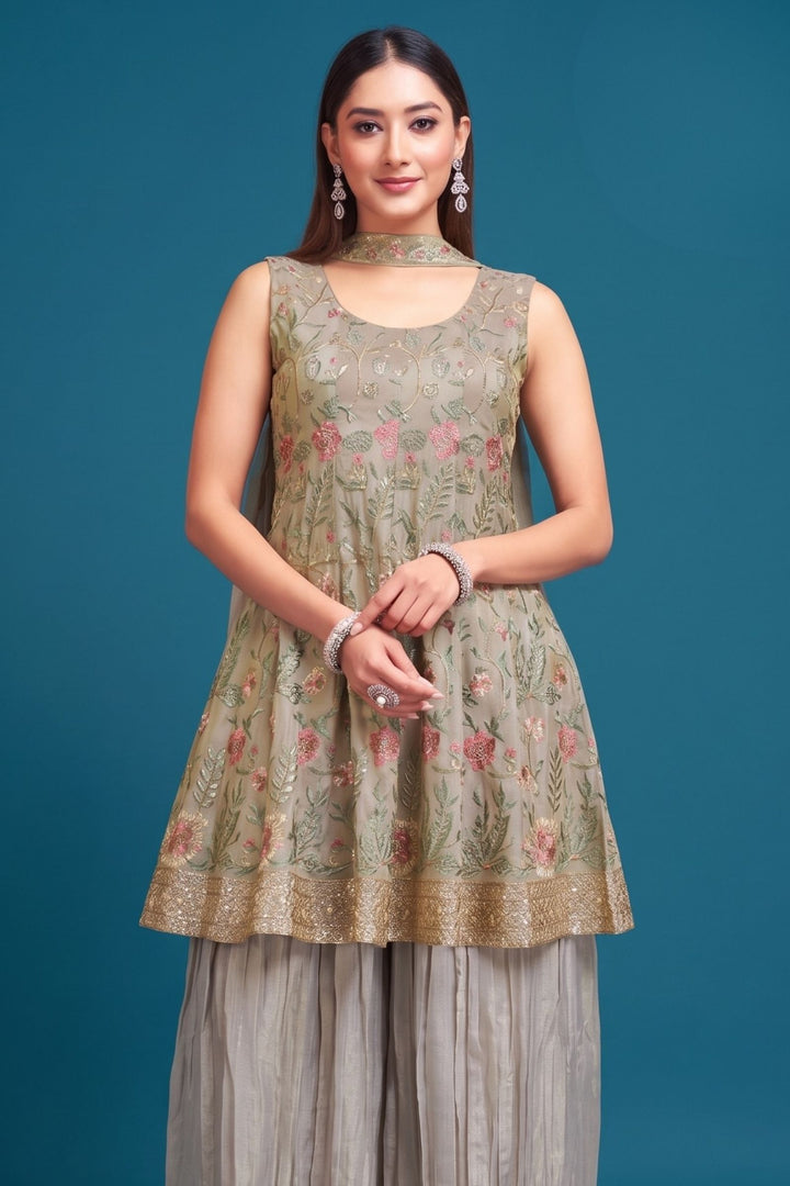 Copper Embroidery, Zari and Sequins work Palazzo Set with Peplum Top