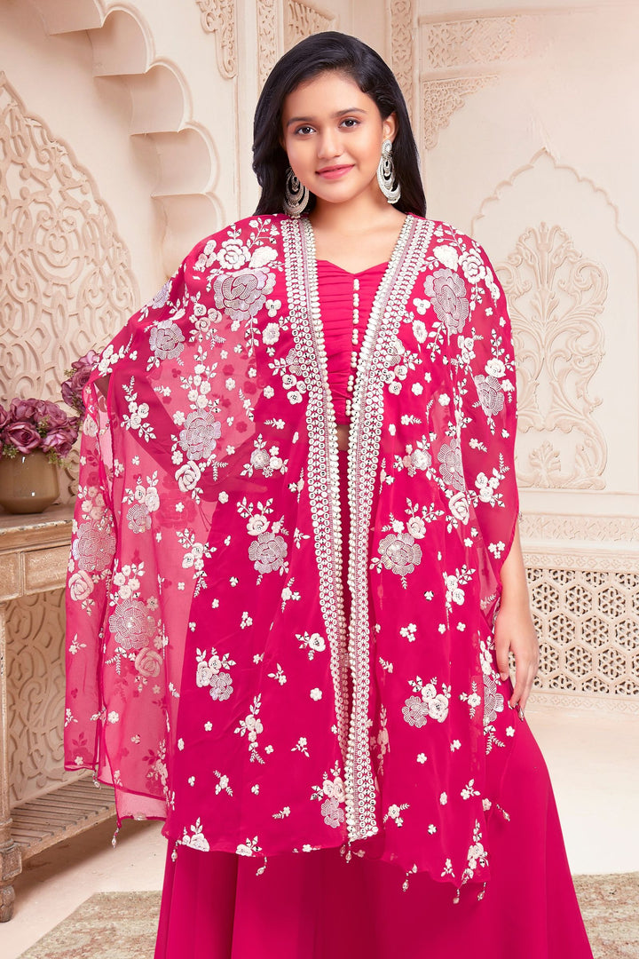 Rani Pink Embroidery and Sequins work Shrug with Palazzo Set for Girls