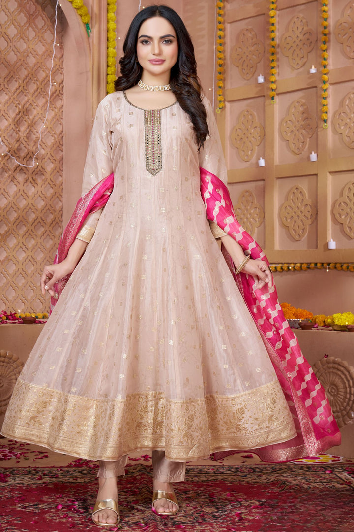 Light Peach Banaras, Mirror, Beads, Zardozi and Sequins work Anarkali Style Salwar