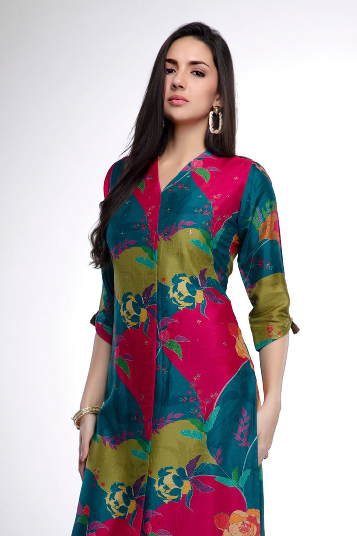 Multicolor Printed and Stone work Calf Length Kurti