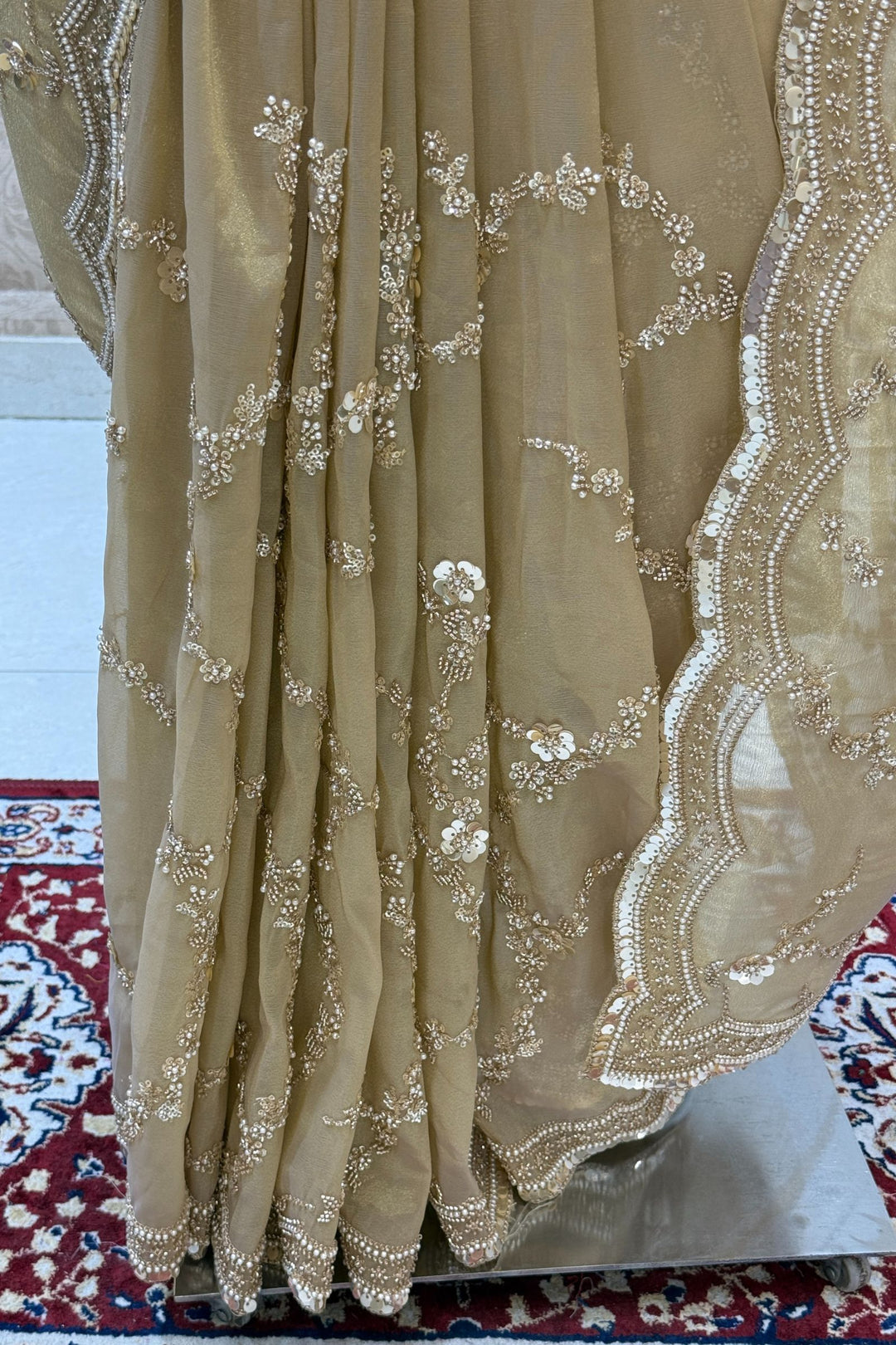 Gold Beads, Sequins, Peral and Zari work Saree