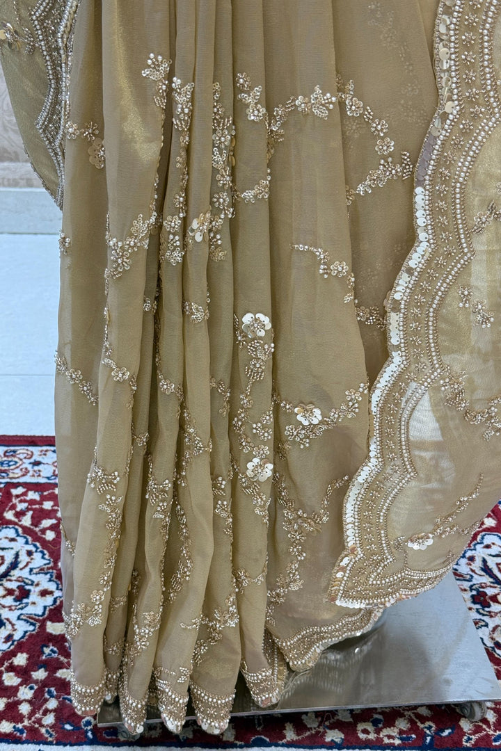 Gold Beads, Sequins, Peral and Zari work Saree