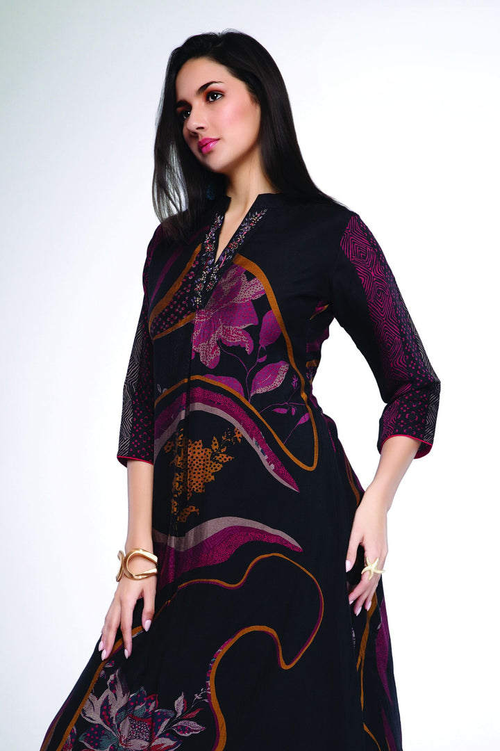 Black Multicolor Digital Print, Beads, Stone and Zardozi work Calf Length Kurti