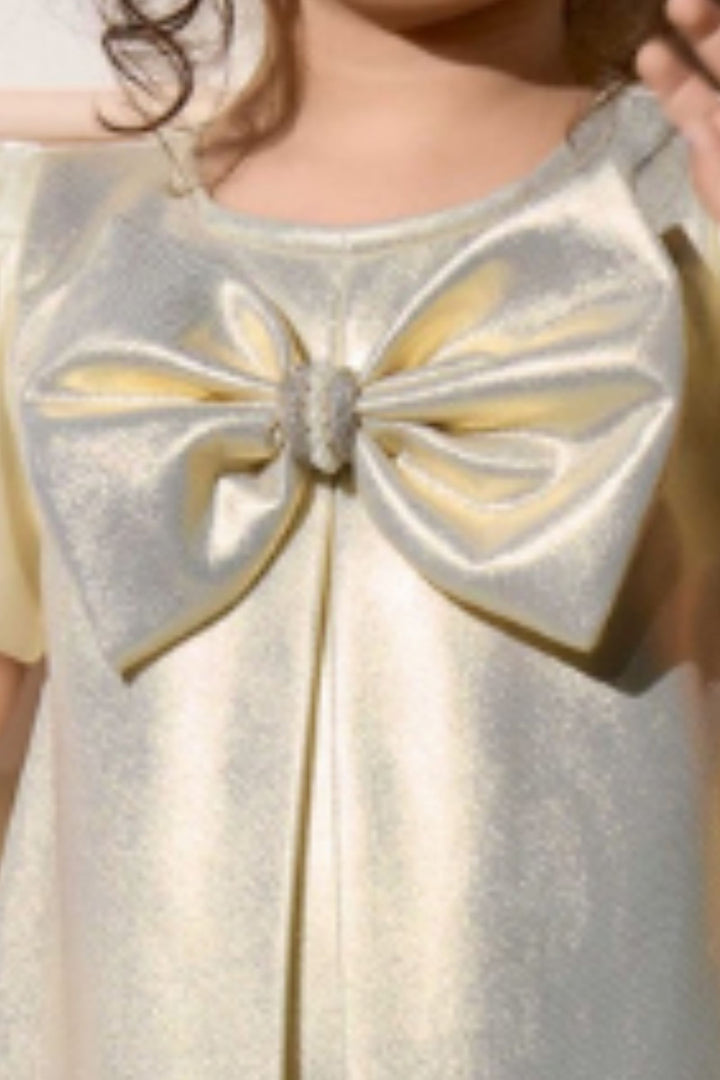 Gold Bow and Rose Accent Short Partywear Frock for Girls