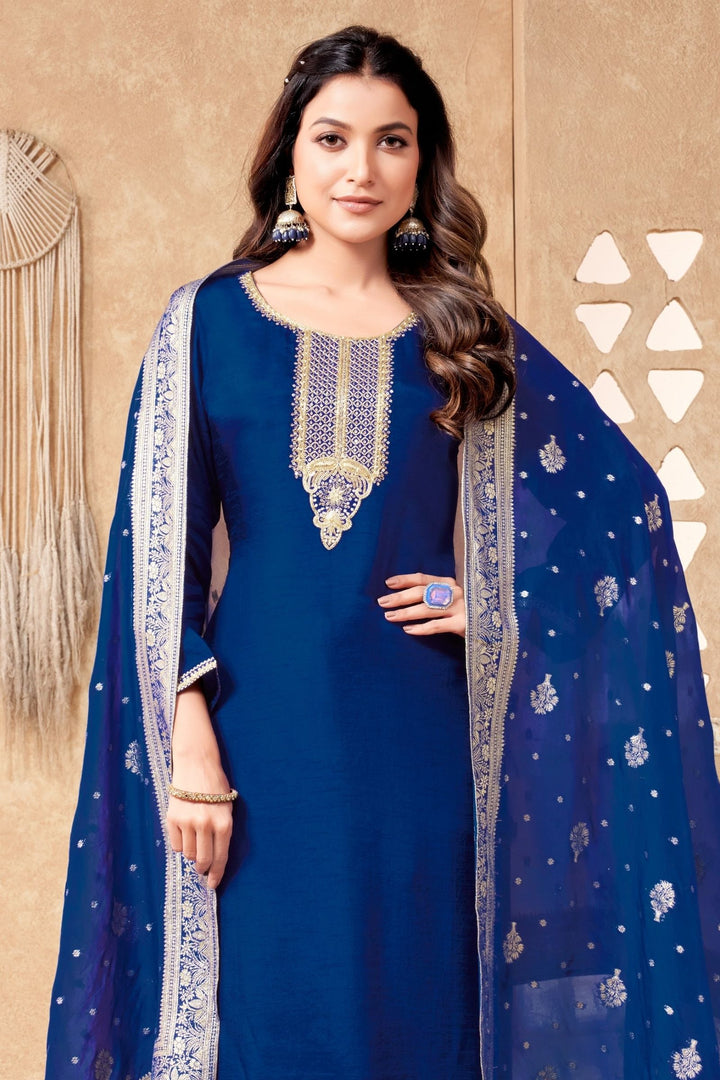 Royal Blue Sequins, Zari, Beads and Zardozi work Straight Cut Salwar Suit