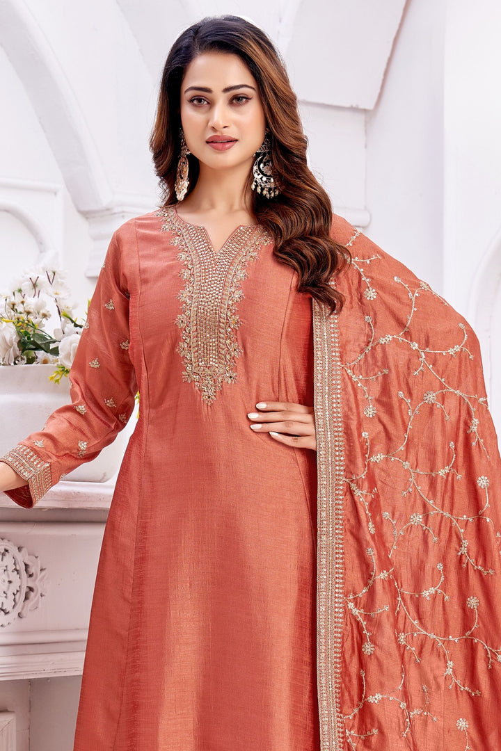 Rust Beads, Sequins, Mirror, Stone and Thread work A-line Cut Salwar Suit