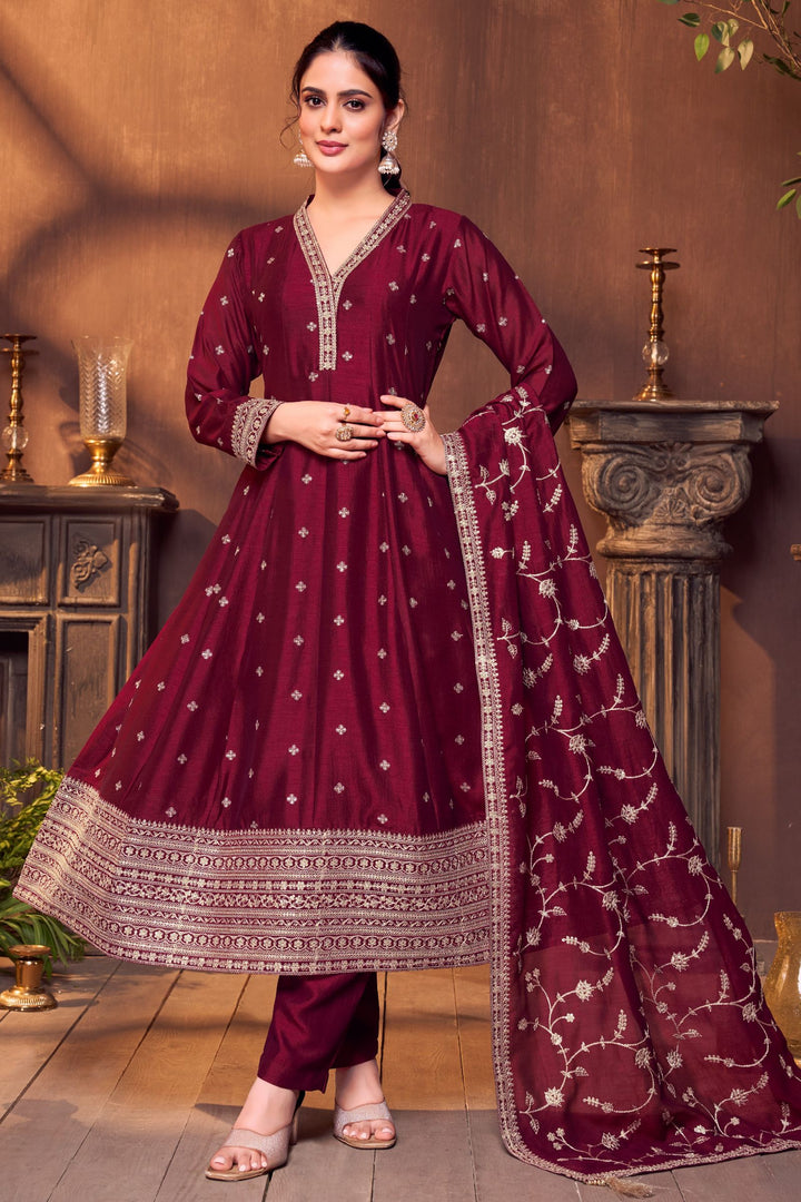Wine Sequins, Zari and Stone work Anarkali Style Salwar