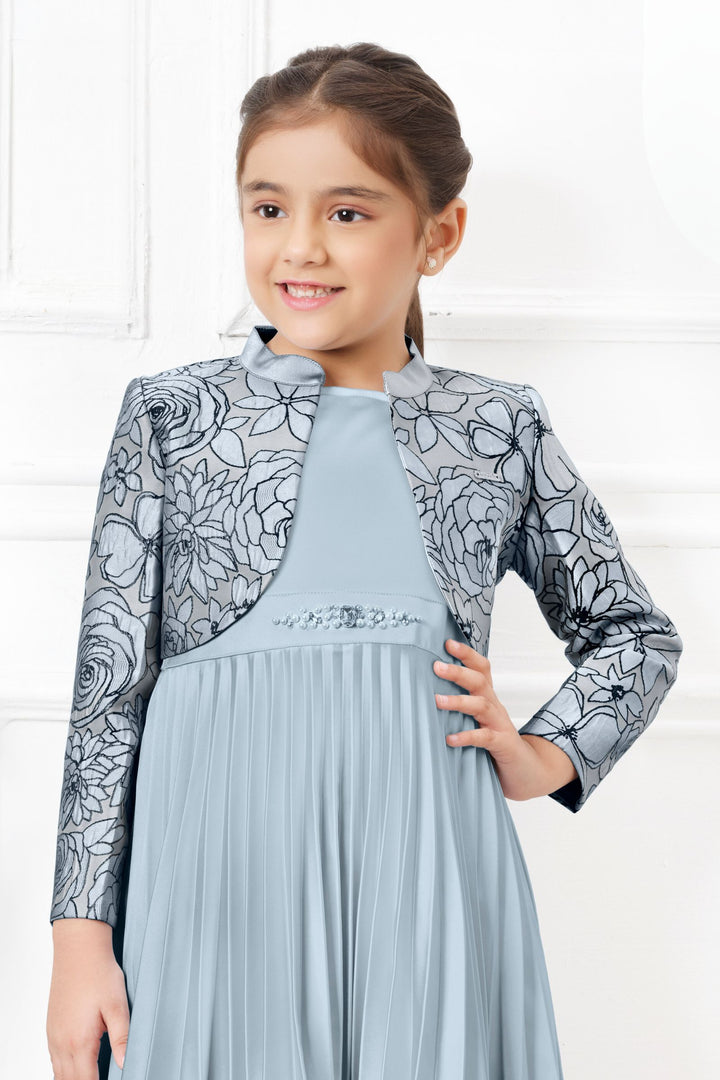 Light Blue Jacquard Print Overcoat Styled Short Frock For Girls