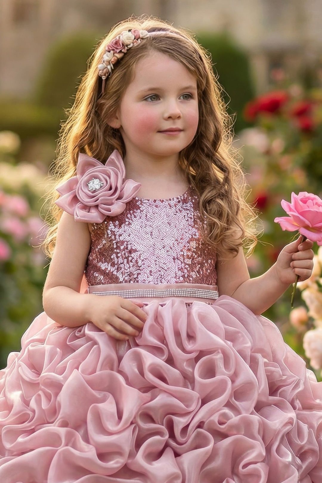 Onion Pink Sequins and Beads work Short Partywear Frock for Girls