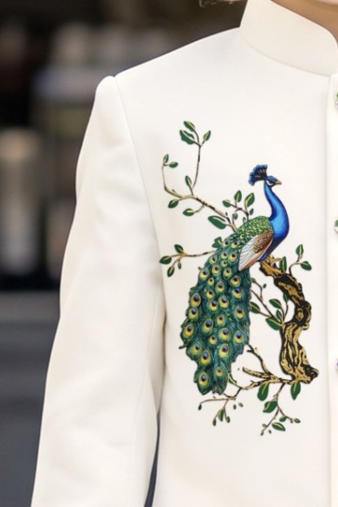 White Peacock Applique Jodhpuri Suit for Boys
