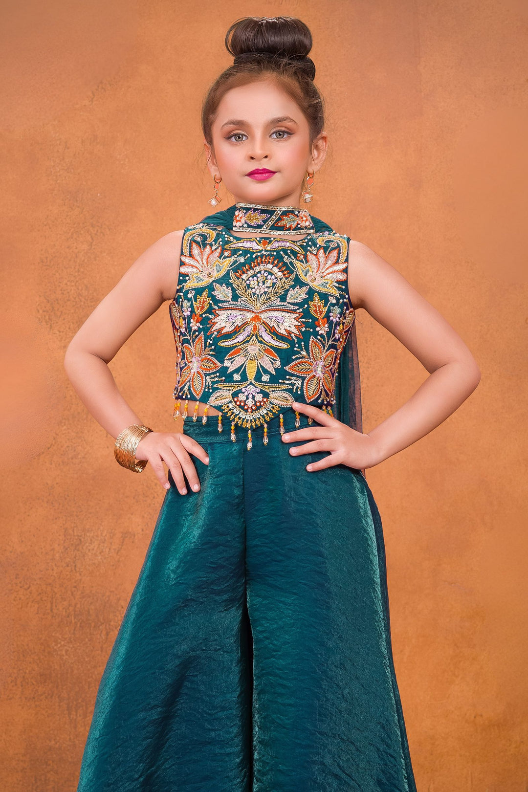 Peacock Blue Pearl, Sequins, Beads and Multicolor Embroidery work Palazzo Suit Set for Girls