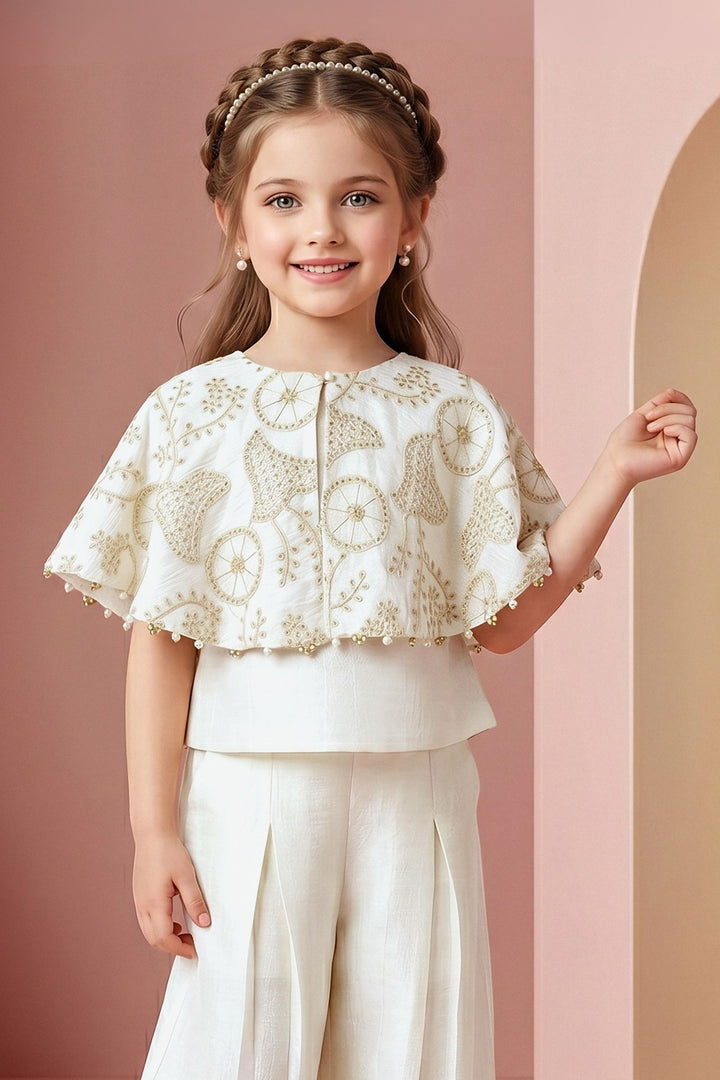 Half White Sequins and Thread work Poncho Styled Palazzo Set for Girls
