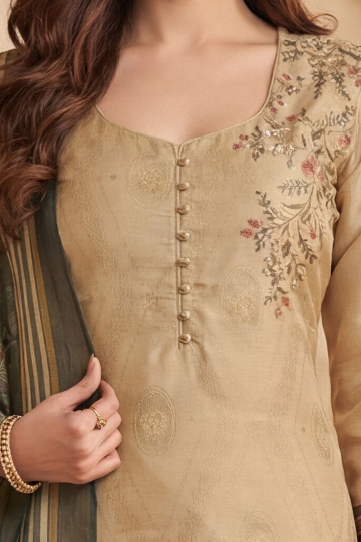 Beige Beads, Zardozi, Zari and Sequins work with Digital Print Straight Cut Salwar Suit