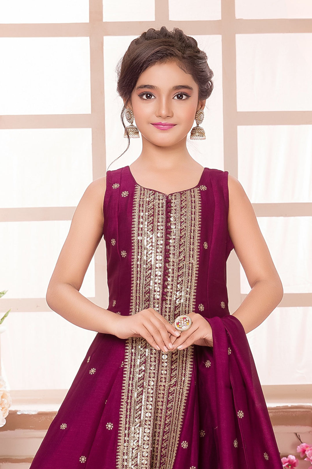 Wine Sequins and Zari work Salwar Suit for Girls