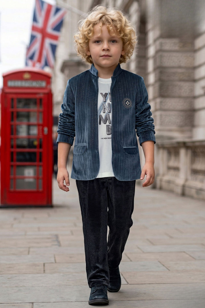Boys Grey Casual Blazer Set with White Printed T-Shirt and Black Pants