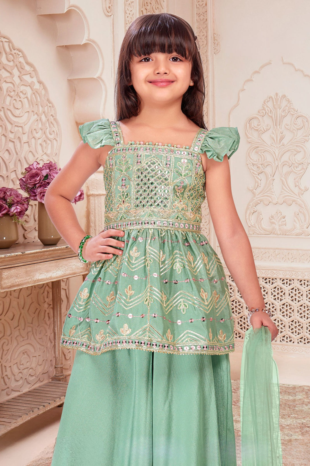 Pista Green Sequins, Thread, Mirror and Zari work Palazzo Suit Set for Girls