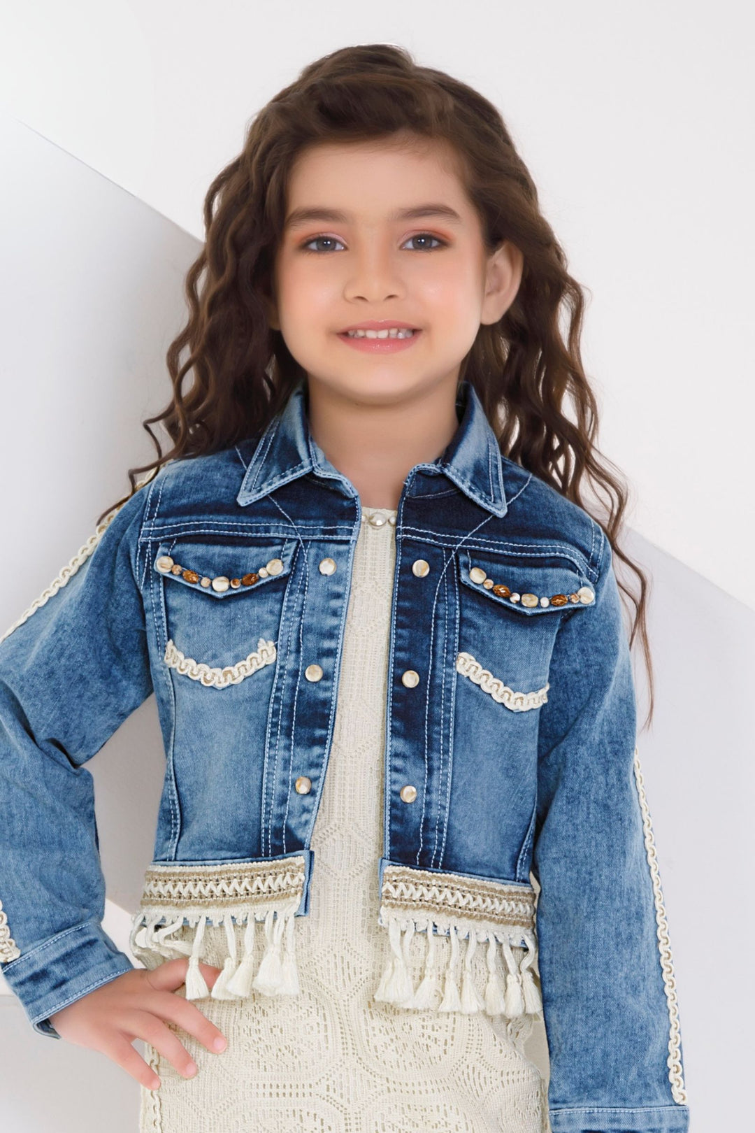 Cream with Blue Thread work Jacket Styled Short Frock For Girls