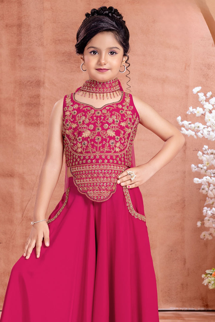 Rani Pink Beads, Sequins, Zari and Thread work Palazzo Suit Set for Girls