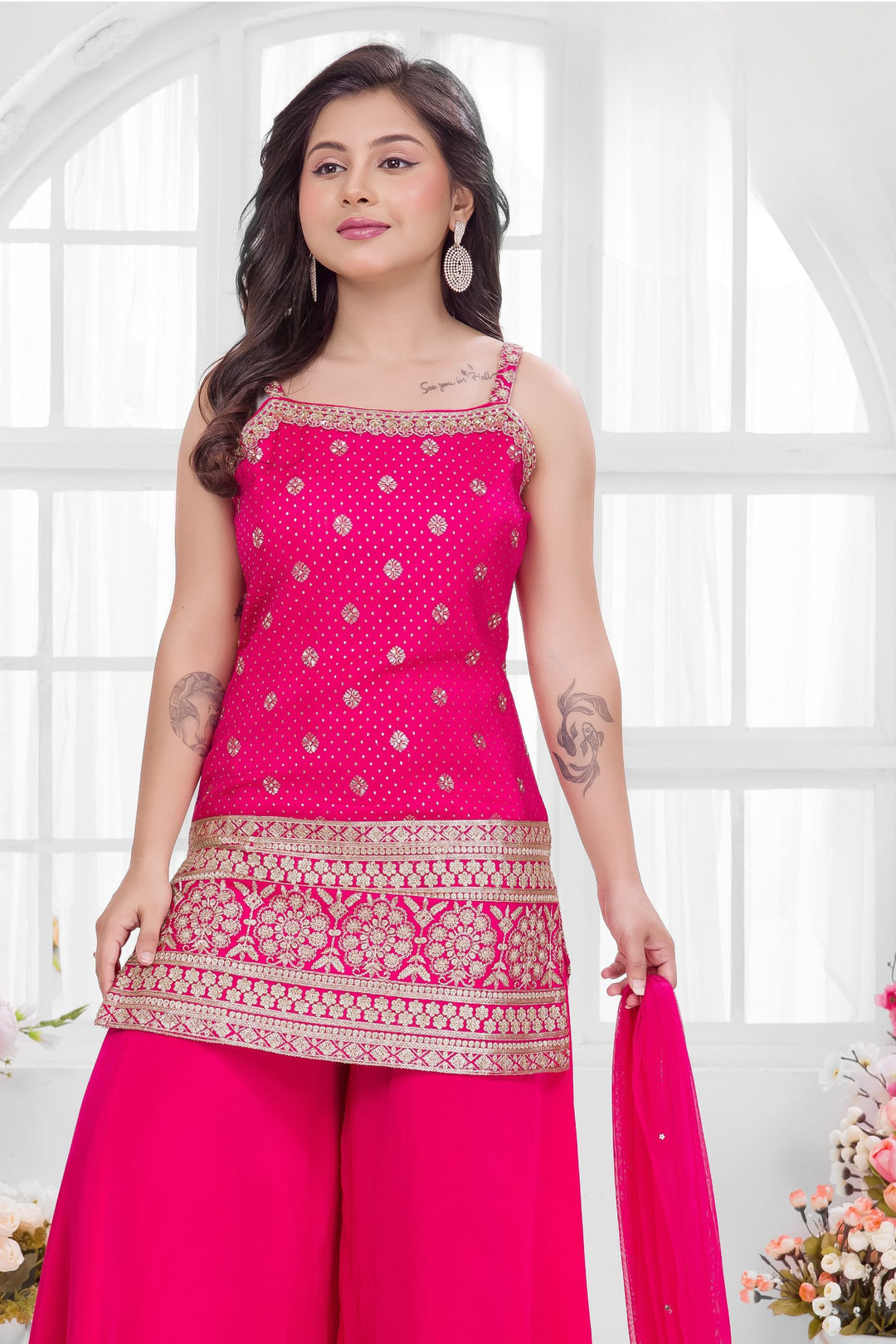 Rani Pink Zari, Stone, Beads and Sequins work Palazzo Suit Set for Girls