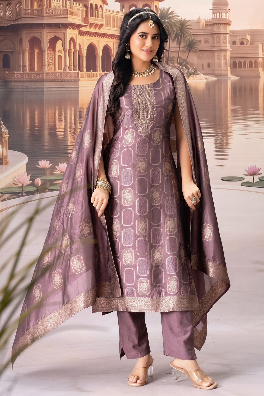 Mauve Brocade, Beads, Sequins and Stone work Straight Cut Salwar Suit