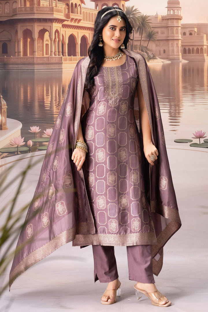 Mauve Brocade, Beads, Sequins and Stone work Straight Cut Salwar Suit