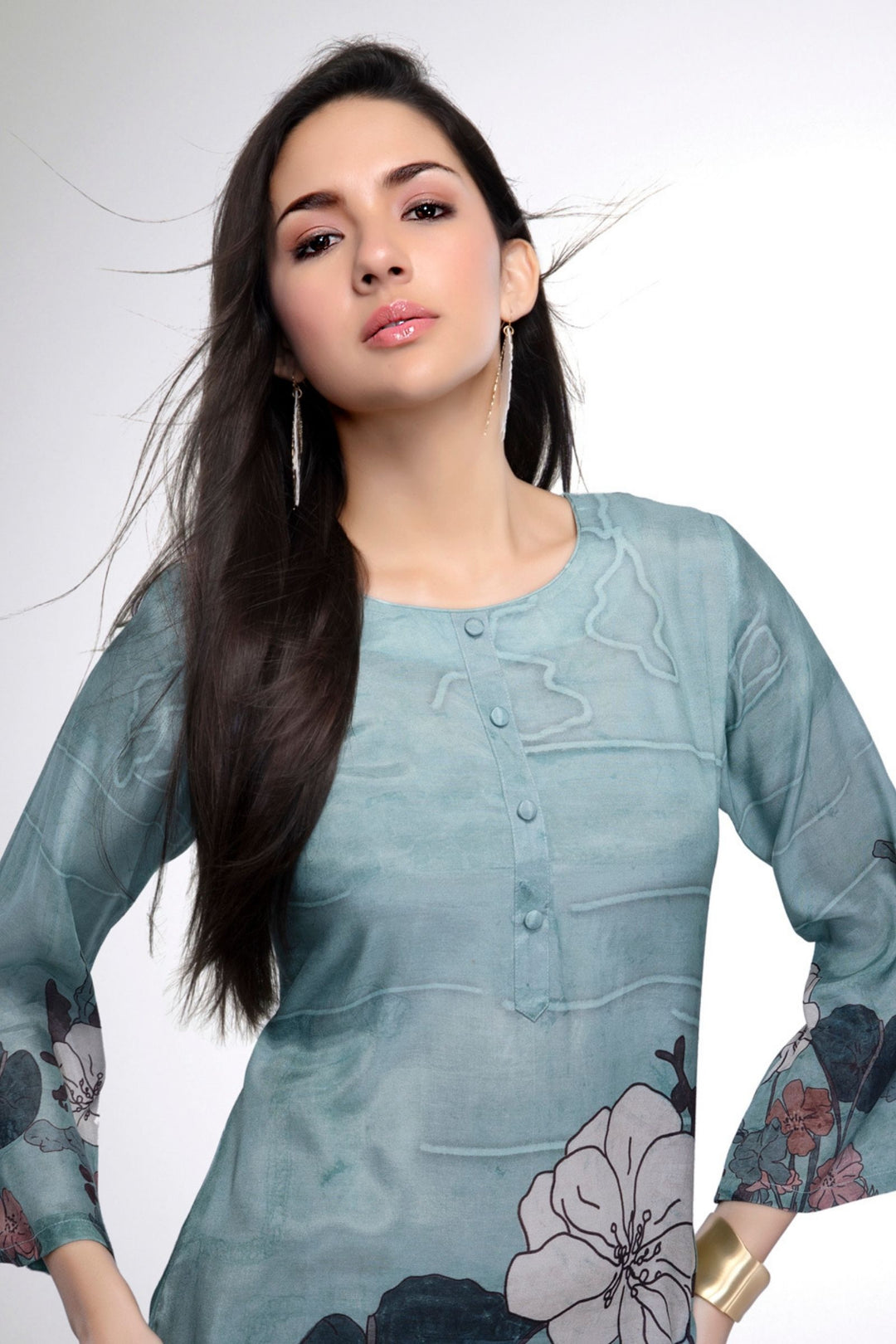 Greyish Blue Floral Print Short Kurti