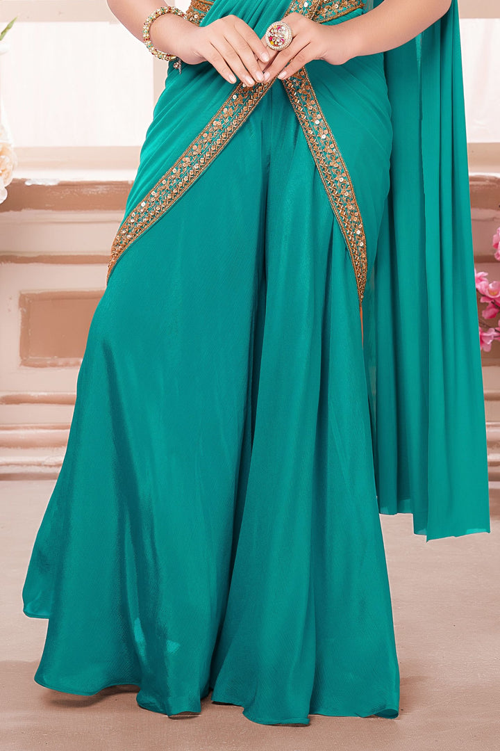 Rama Blue Sequins, Beads and Zari work Indo-Western Styled Crop Top Palazzo Set for Girls